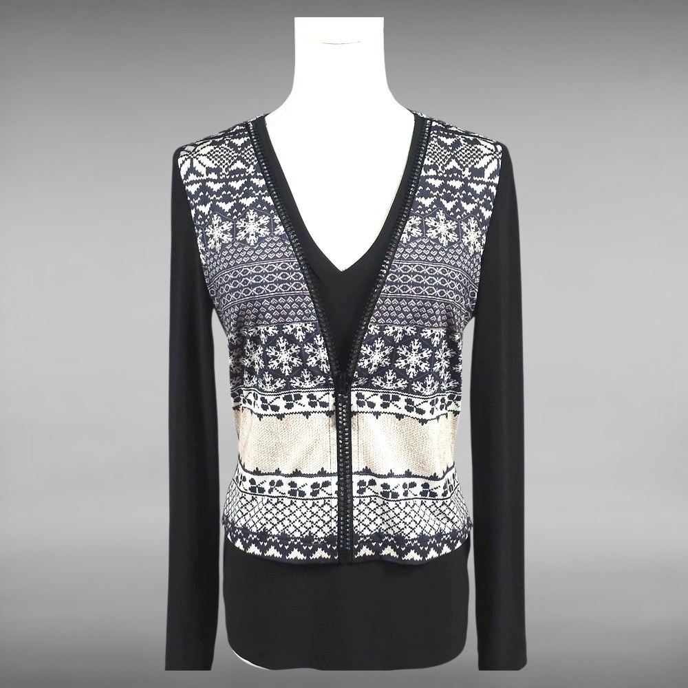 Joseph Ribkoff Layered Fair Isle Rhinestone Zip Blouse Cardigan Top Womens 4